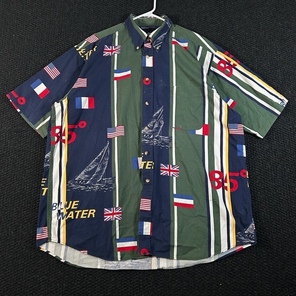 Nautica Mens XL Blue Water Sailing Flag Button Down Short Sleeve Shirt Green‎